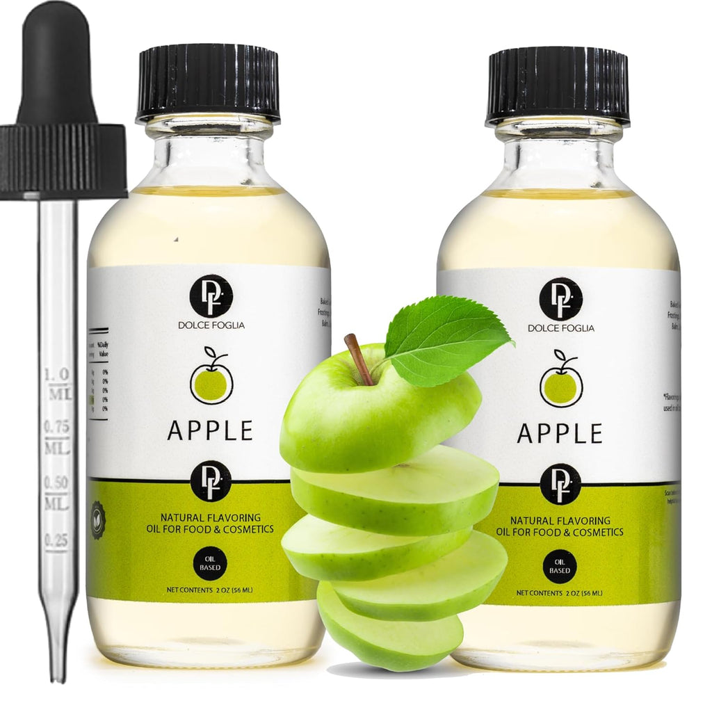 Dolce Flav Apple Extract (Oil-Soluble) – Kosher, Sugar-Free, Concentrated Crisp Apple Flavoring for Baking, Chocolates & Desserts, Includes Measured Dropper, 2 oz Pack of 2