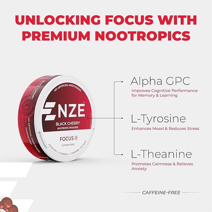 NZE Caffeine Free Nootropic Pouches (Black Cherry) - Nootropic Pouches with Alpha GPC, L-Tyrosine & L-Theanine - No Sugar or Artificial Sweeteners - 15 Pouches Per Can - 5 Pack