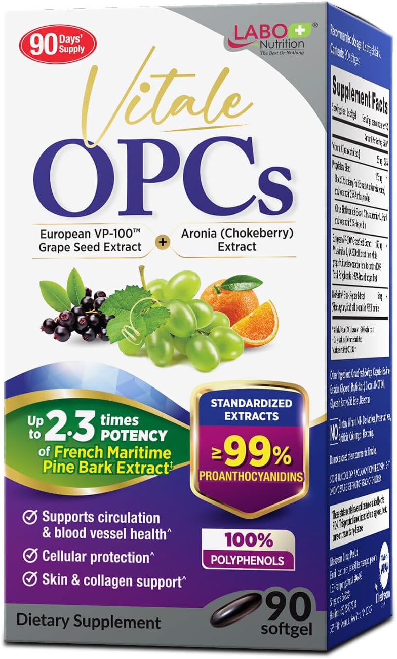 LABO Nutrition Vitale OPCs | Premium European Grape Seed Extract with Aronia, Citrus Bioflavonoids | Supports Circulation, Skin Health and Cellular Protection | 100% polyphenols 90 Softgels