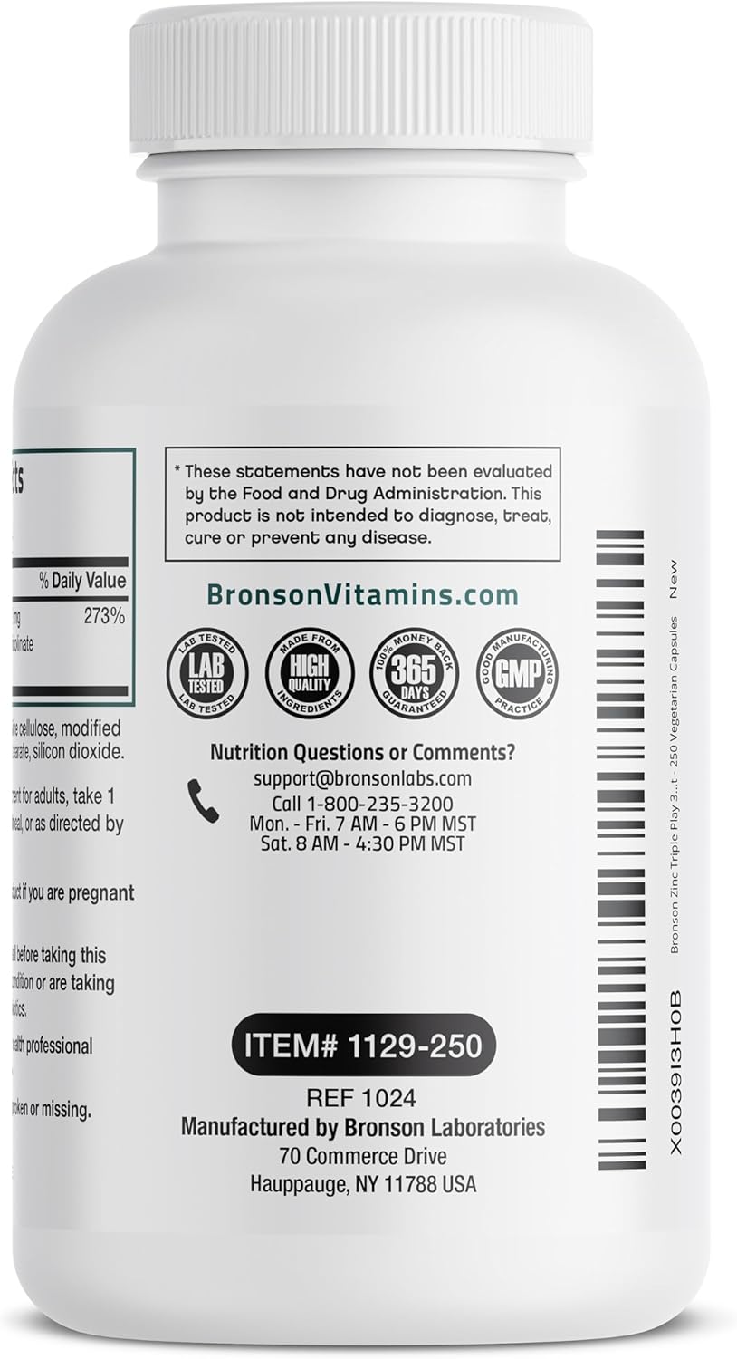 Bronson Zinc Triple Play 30mg Triple Coverage Immune Support with Zinc Acetate, Picolinate & Orotate - Immune, Antioxidant & Skin Health Support - 250 Vegetarian Capsules