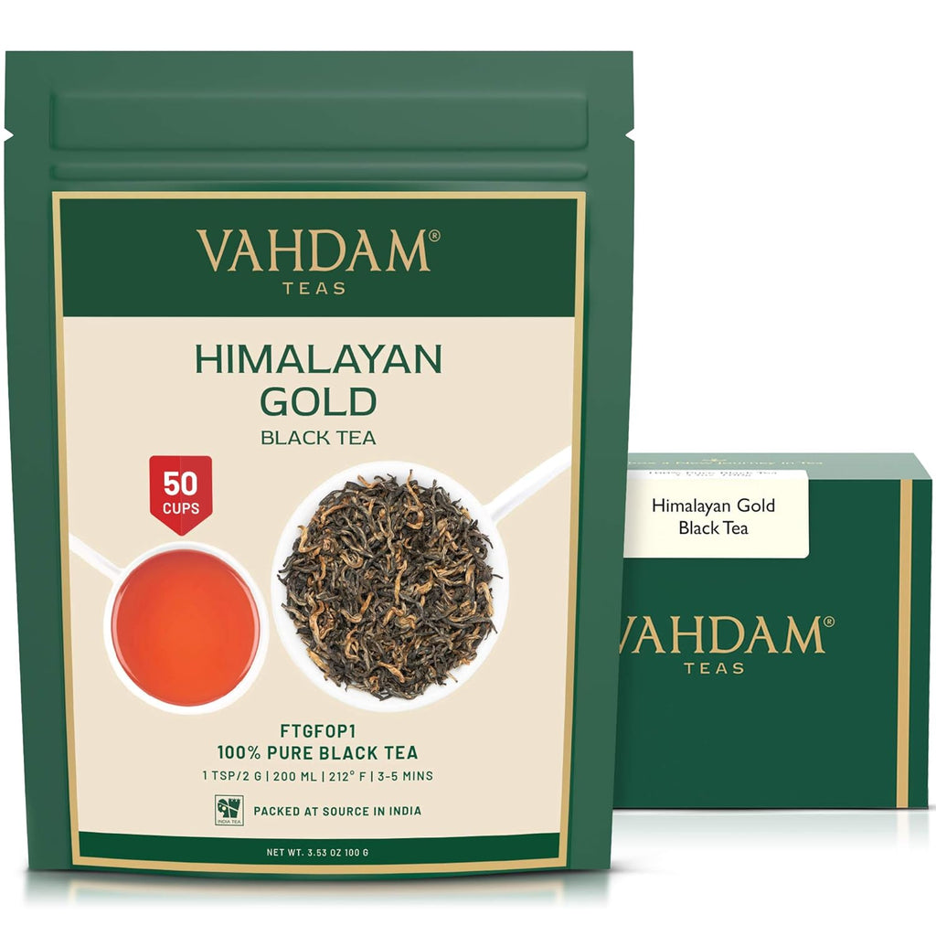 VAHDAM, Himalayan Gold Black Tea (50 Cups/3.53oz) Pure Black Tea Leaves With GOLDEN TIPS | Robust, Rich & Flavory Loose Tea | Unblended Single Origin Black Loose Leaf Tea | Vacuum Sealed Pack