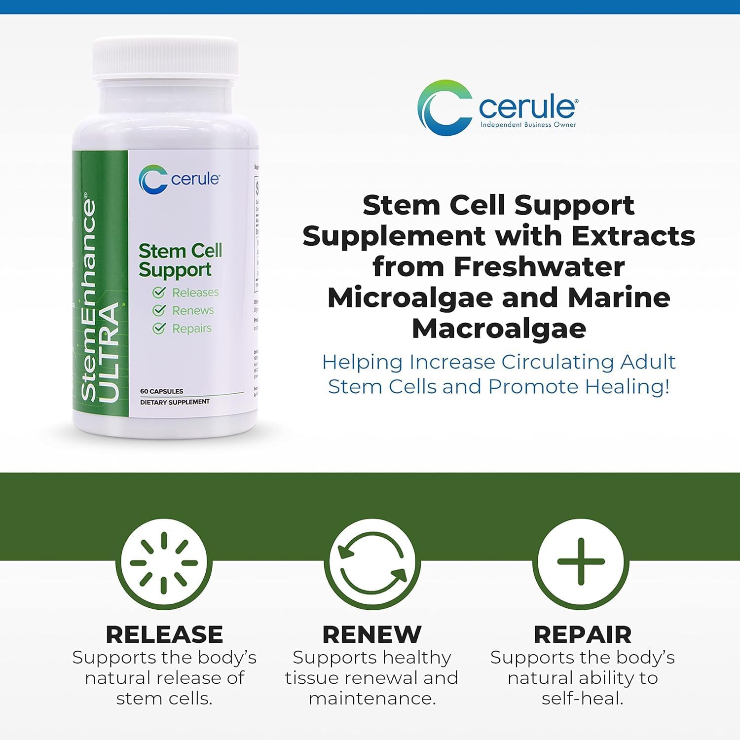 Cerule StemEnhance Ultra Stem Cell Support Supplement with Extracts from Freshwater Microalgae and Marine Macroalgae to Help Increase Circulating Adult Stem Cells and Promote Healing Two Pack