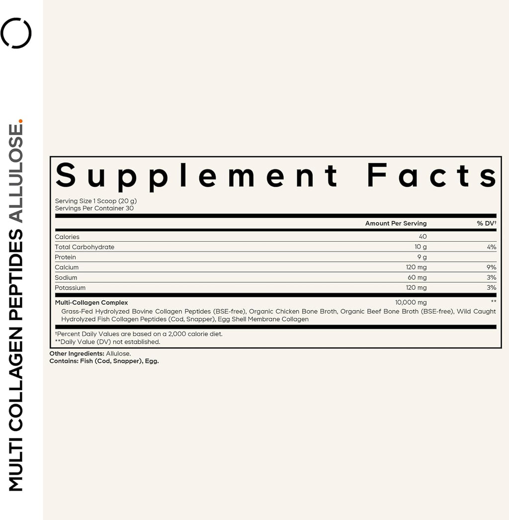 Codeage Multi Collagen Peptides Powder + Allulose - 5 Types - Grass-Fed Collagen - Rare Sugar Allulose Supplement - 0 Calorie Sweetener & 0 Carbs - 18 Amino Acids - Unflavored - Non-GMO - 30 Servings