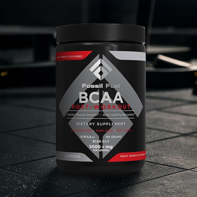 Fossil Fuel Sugar-Free BCAA Powder – Post-Workout Muscle Recovery with BCAAs, Glutamine, Vitamin B6, Amino Acids, Endurance & Hydration, Fruit Punch (30 Servings)