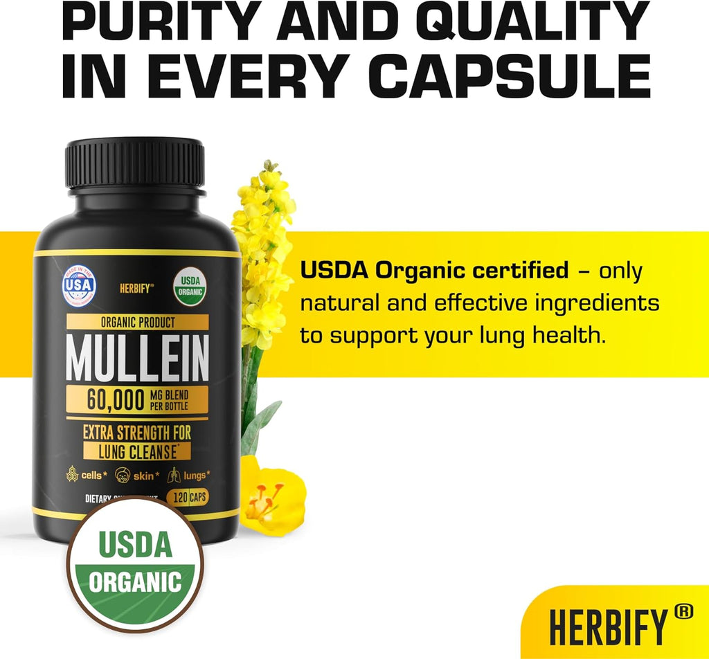 HERBIFY Mullein Capsules - Lung Cleanse - Leaf Extract - Powerful Mullein for Immune Support, Detox & Respiratory Support - Made in USA - Herbal Supplements - 120 Capsules
