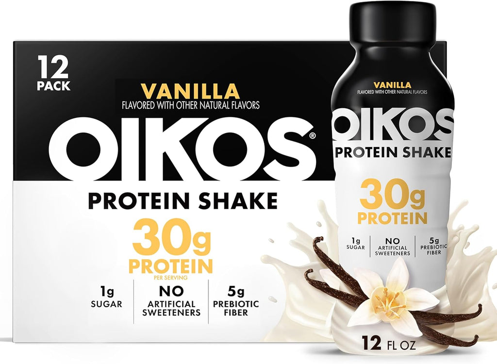 Oikos Protein Shake, Vanilla, 30g Protein, Shelf Stable Protein Drink with 5g Prebiotic Fiber, 12 fl oz Bottle, 12 Count