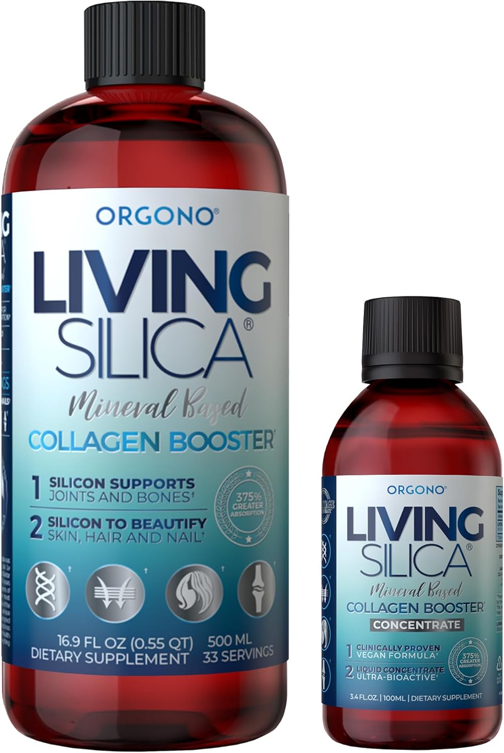 Orgono Living Silica Kit | Mineral-Based Collagen Booster Liquid & Concentrate Drops (Travel Size) | Vegan | Supports Joint & Bone Health, Collagen & Elastin Production, Glowing Skin.