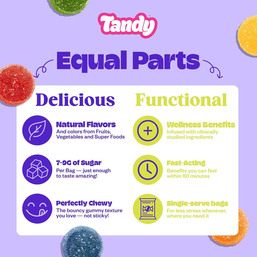 Tandy Stress Heads GABA Amino Acids Gummies I Perfectly Sour Fruit Faves Flavor Gummies Helps Support Stress Relief I Gluten-Free Fast-Acting Dietary Supplement Gummy I 6-Pack