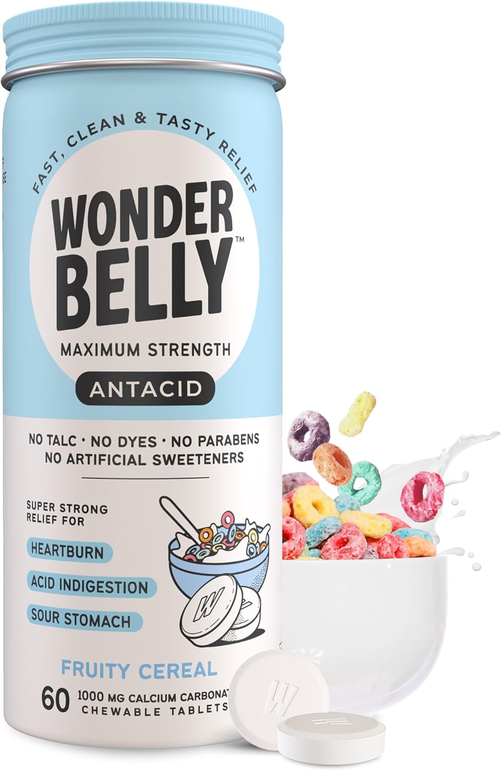 Wonderbelly Antacid, Effective Heartburn and Instant Acid Indigestion Relief, Extra Strength Chewable Tablets, 1000 mg Calcium Carbonate, No Talc or Dye, Fruity Cereal, 60 Count