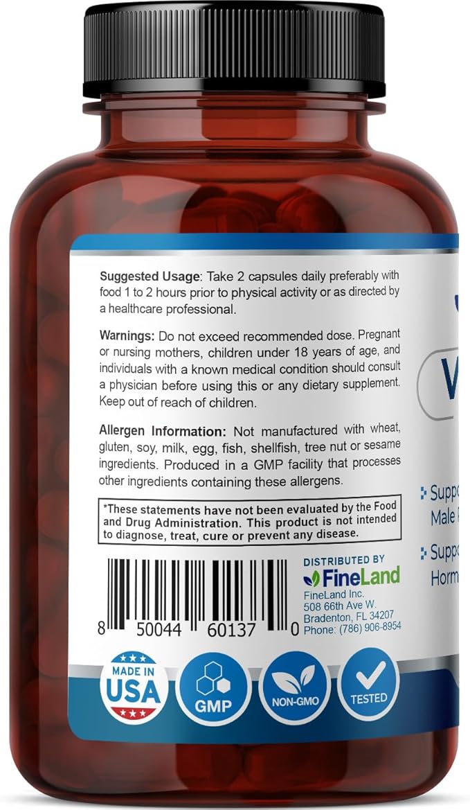 FineLand Virilitize, with Maca Root, Ajuga Turkestanica, and Fadogia Agrestis, Supports Healthy Male Performance and Energy, 60 Capsules, 30-Day Supply