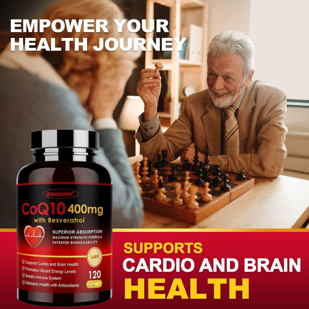 ZEBORA CoQ10-400mg with Trans-Resveratrol, PQQ & Vitamin E - High Absorption Coenzyme-Q10 with BioPerine - Powerful Antioxidant for Heart & Energy-Production,120 Veggie Capsules
