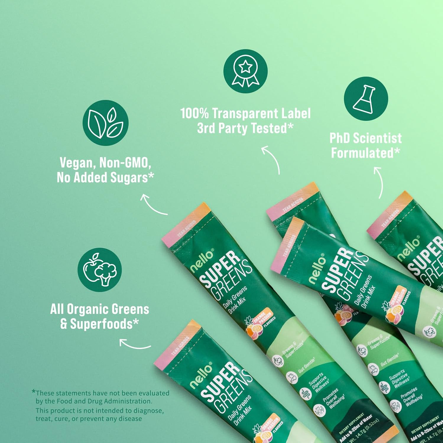 Supergreens Premium Superfood Greens Drink Mix w/Chlorella, Moringa, Spinach & Broccoli + Digestive Enzymes & Probiotic Blend -Nutrient-Packed Powder Wellness (Orange 20 SRV, Travel Pack)