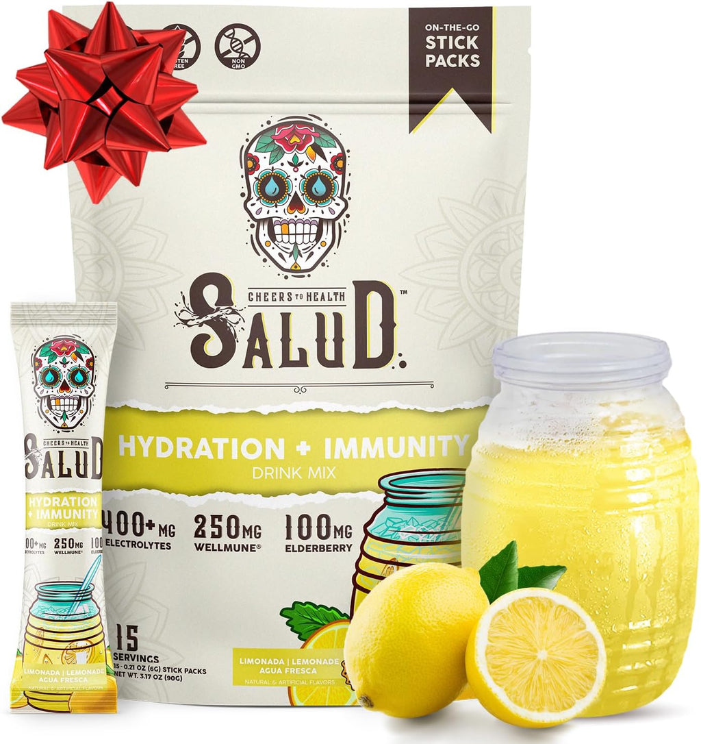 Salud 2-in-1 Hydration Packets + Immunity Electrolytes Powder, Lemonade - Agua Fresca Drink Mix, Elderberry, Dairy & Soy Free, Non-GMO, Gluten Free, Vegan, Low Calorie, 1g Sugar (15 Servings)