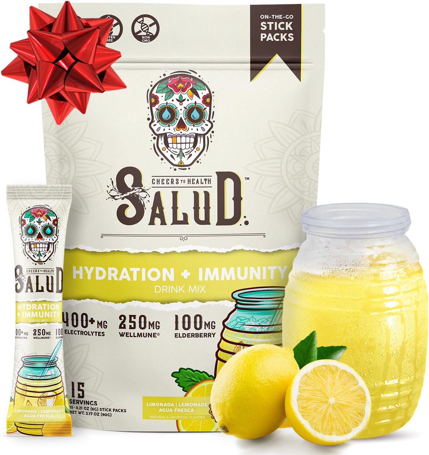Salud 2-in-1 Hydration Packets + Immunity Electrolytes Powder, Lemonade - Agua Fresca Drink Mix, Elderberry, Dairy & Soy Free, Non-GMO, Gluten Free, Vegan, Low Calorie, 1g Sugar (15 Servings)
