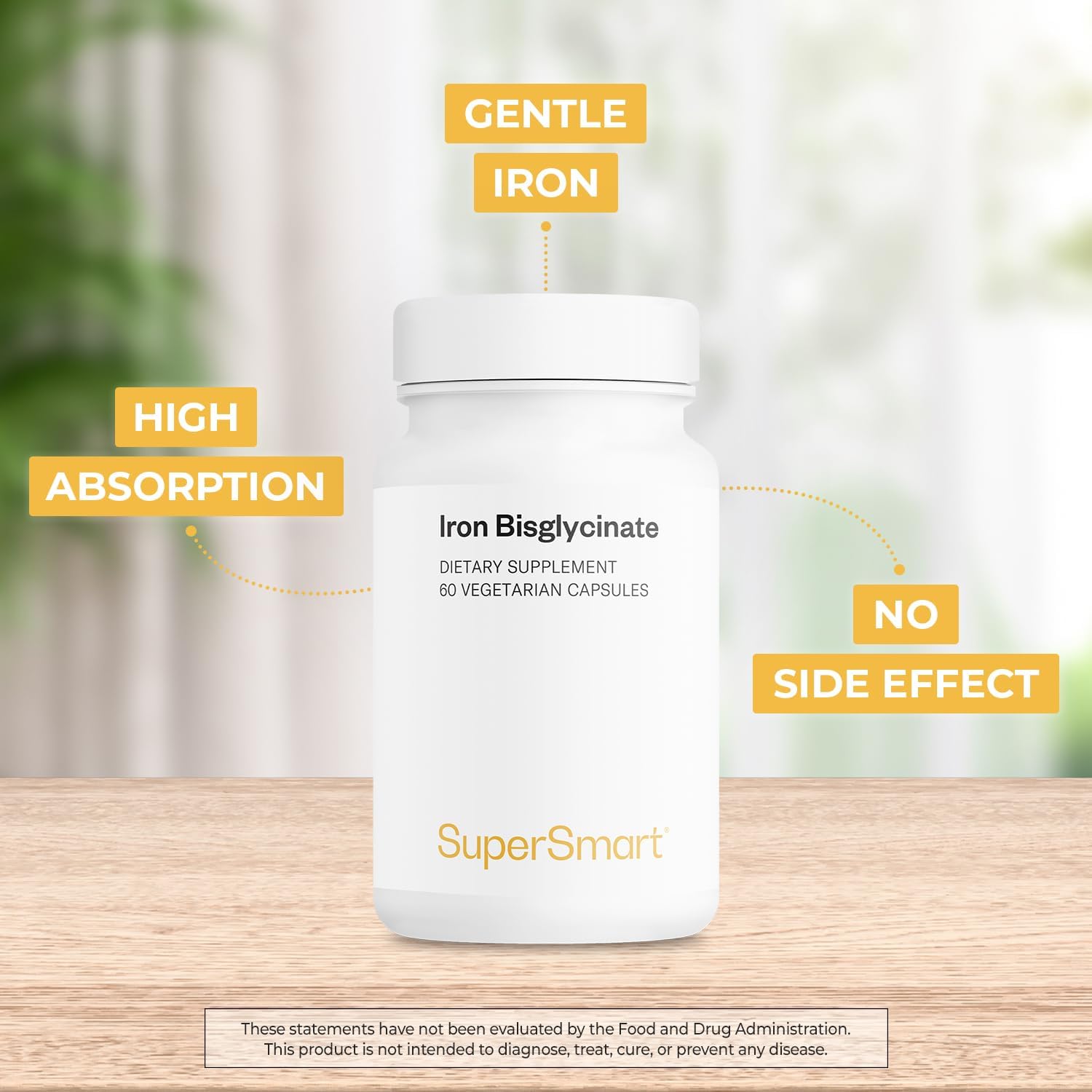SuperSmart - Iron Bisglycinate 75mg per Day (High Absorption) - Gentle Iron Bisglycinate Supplement - No Side Effects | Non-GMO & Gluten Free - 60 Vegetarian Capsules
