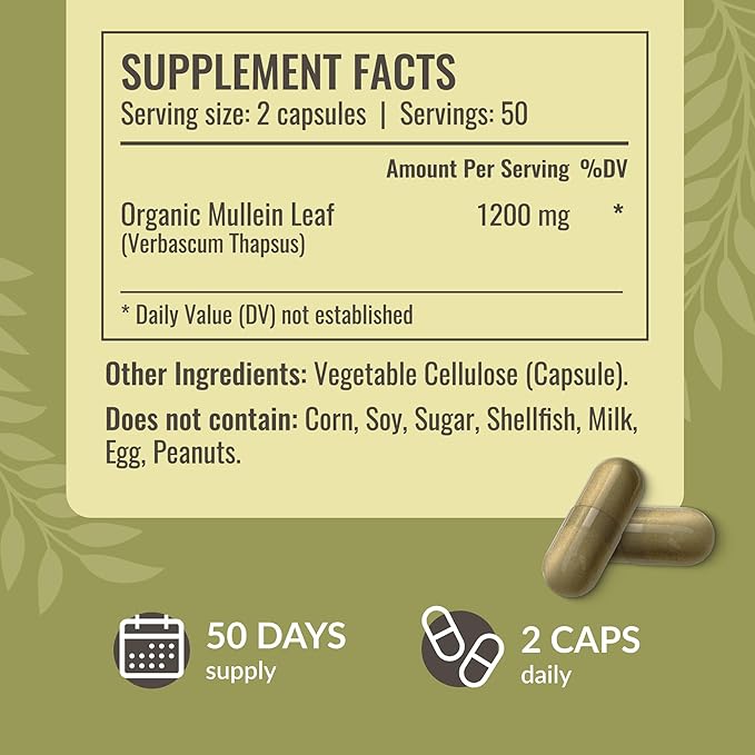 HERBAMAMA Mullein Leaf Capsules - 1200mg Mullein Leaf Extract for Lung Detox Support - Vegan, Non-GMO Respiratory Lung Cleanse Supplement