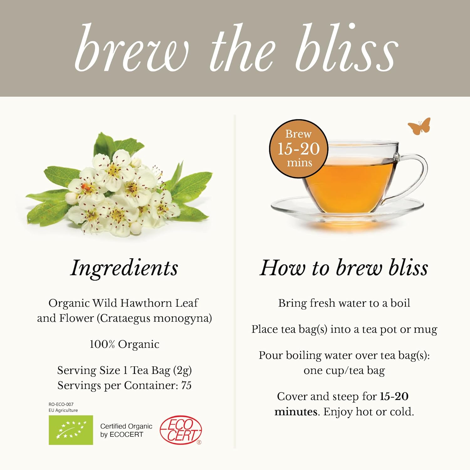 Organic Wild Hawthorn Leaf and Flower Herbal Tea - Caffeine Free - Pharmacopoeia Potency - 75 Plant Based Tea Bags