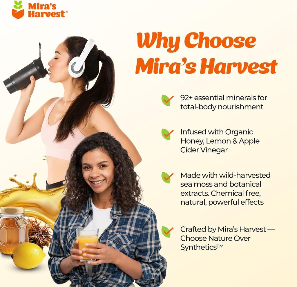Mira’s Harvest Wildcrafted Sea Moss Bitters Liquid, with Soursop Guanabana 16oz For Energy, immune boost and radiance, ultra absorption, great taste (Seamoss-Honey Lemon)