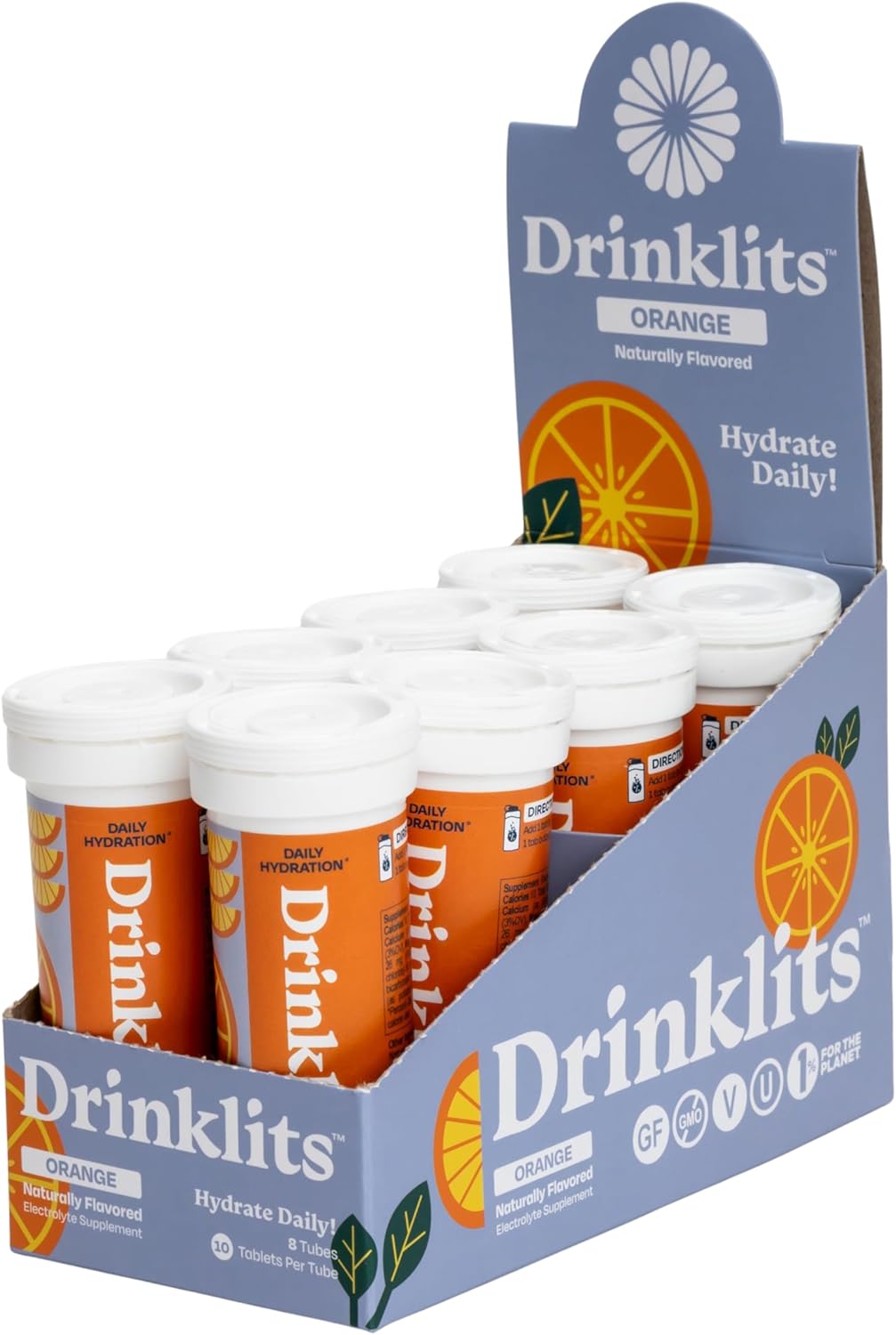 Drinklits Orange Electrolyte Sports Drink Fizzy Hydration Tablets (8) Tube Bundle | Natural Flavors – 0g Sugar – Daily Use | 80 Servings - 10 Tablets Per Tube