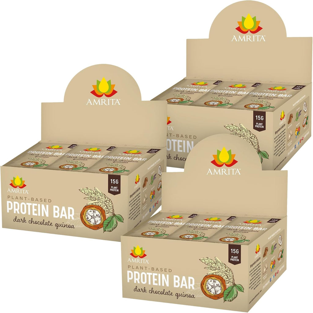 Amrita Nut Free Dark Chocolate Quinoa Vegan Protein Bars (12 CT PK of 3) | 12g Plant-Based Protein Bar | Peanut Free, Gluten Free, and Dairy Free | Low Sugar, High Fiber, Healthy School-Safe Snacks