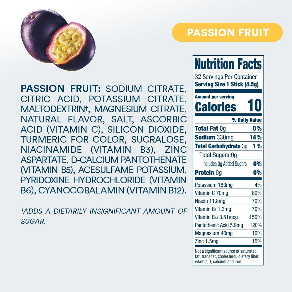 DripDrop Sugar Free Hydration Packets - Zero Passion Fruit - Single Serve Electrolytes Powder Drink Mix - Non-GMO, Gluten Free, Vegan - 32 Sticks