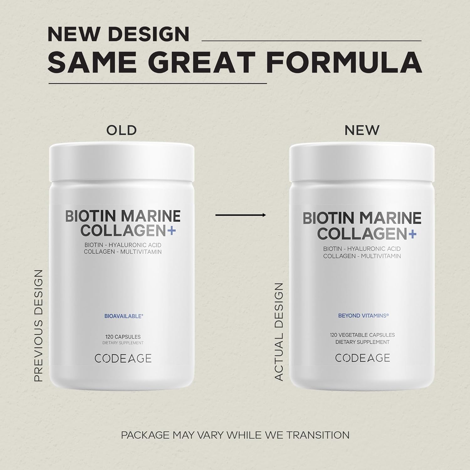 Codeage Biotin Marine Collagen Peptides - Wild-Caught Marine Collagen Types I & III, Biotin, Vitamins C & E, Hyaluronic Acid, Amino Acids, Fruit and Herb Blend, Non-GMO - 120 Capsules