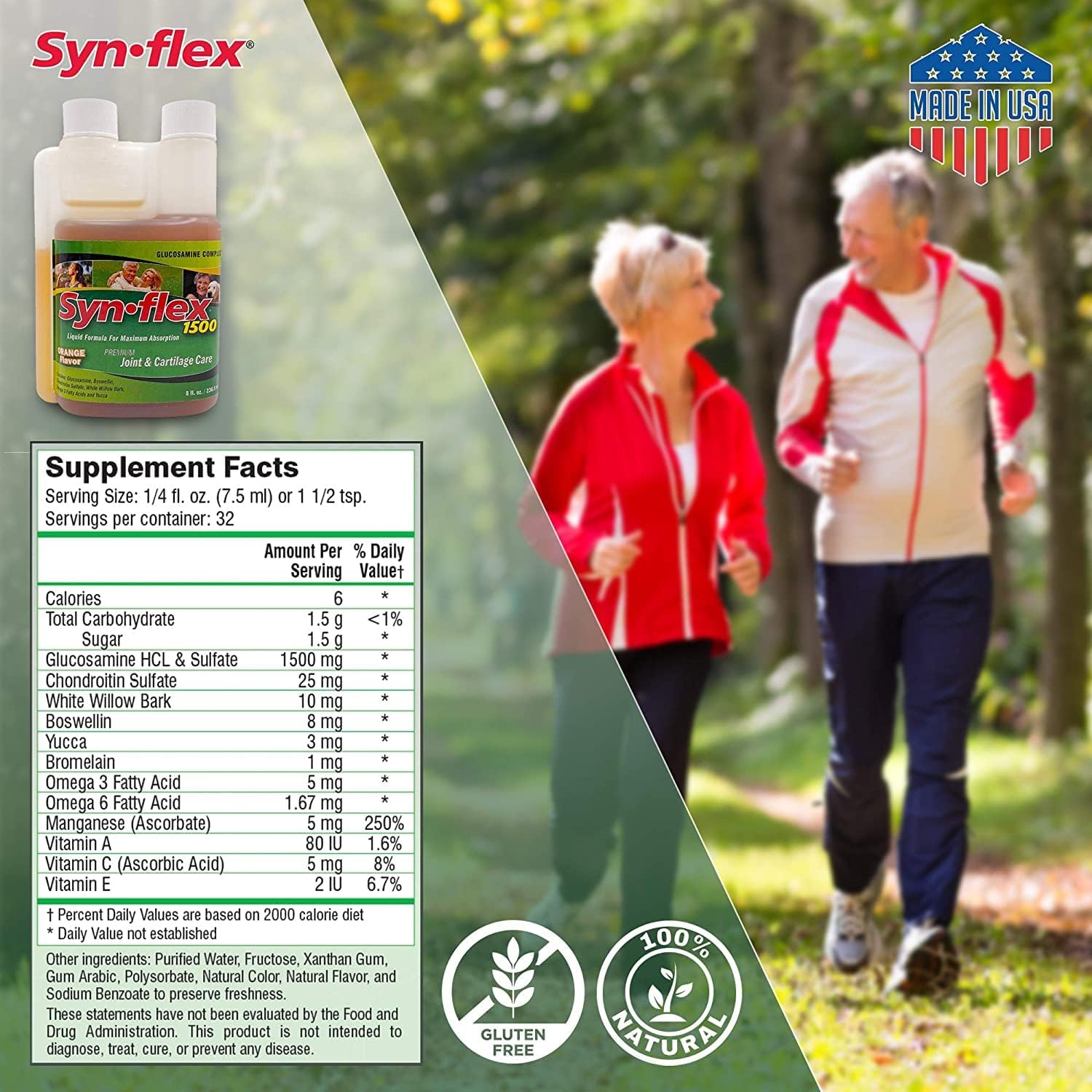 1500mg Liquid Glucosamine & Chondroitin - High Concentration Fast-Absorbing Formula Orange Flavor Helps Support Joint & Cartilage Health - with White Willow Bark, Manganese & Boswellin (32 Day Supply)