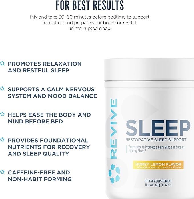 Revive MD Melatonin-Free Sleep Support Supplement for Adults, Honey Lemon - Natural Sleep Aid Supplements with Magnesium (Glycinate), Inositol & L-Theanine for Deep Relaxation (30 Servings)