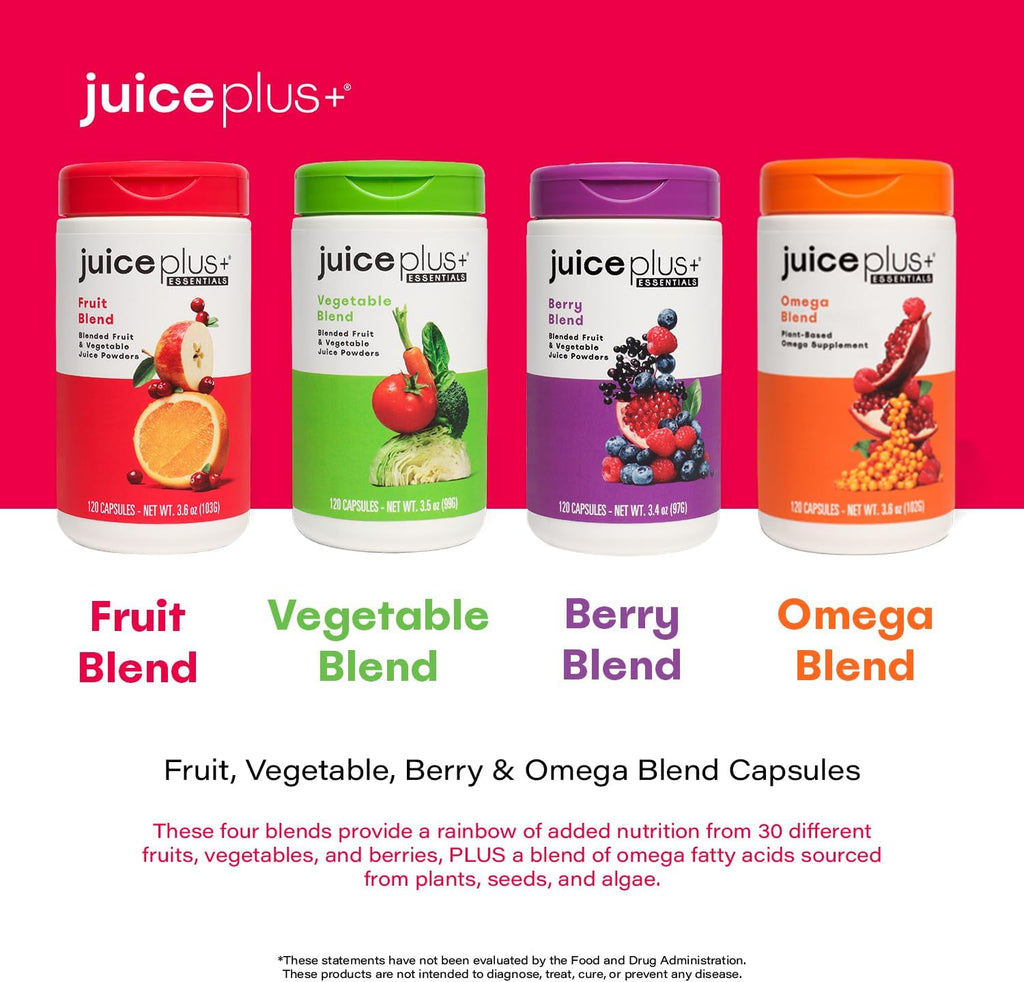 Juice Plus+ Fruit, Vegetable, Berry & Omega Blend Capsules - Nutrition from 30 Fruits, Vegetables & Berries + Plant-Based Omega Fatty Acids - 4 Bottles (60 Servings Each)