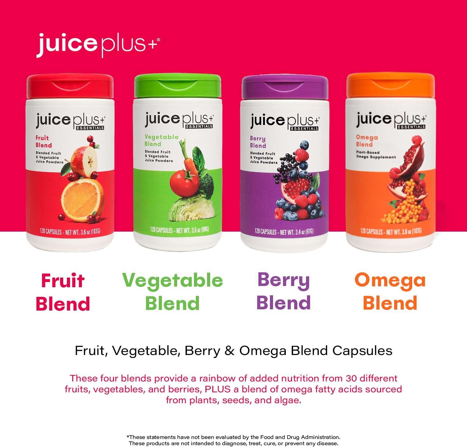Juice Plus+ Fruit, Vegetable, Berry & Omega Blend Capsules - Nutrition from 30 Fruits, Vegetables & Berries + Plant-Based Omega Fatty Acids - 4 Bottles (60 Servings Each)