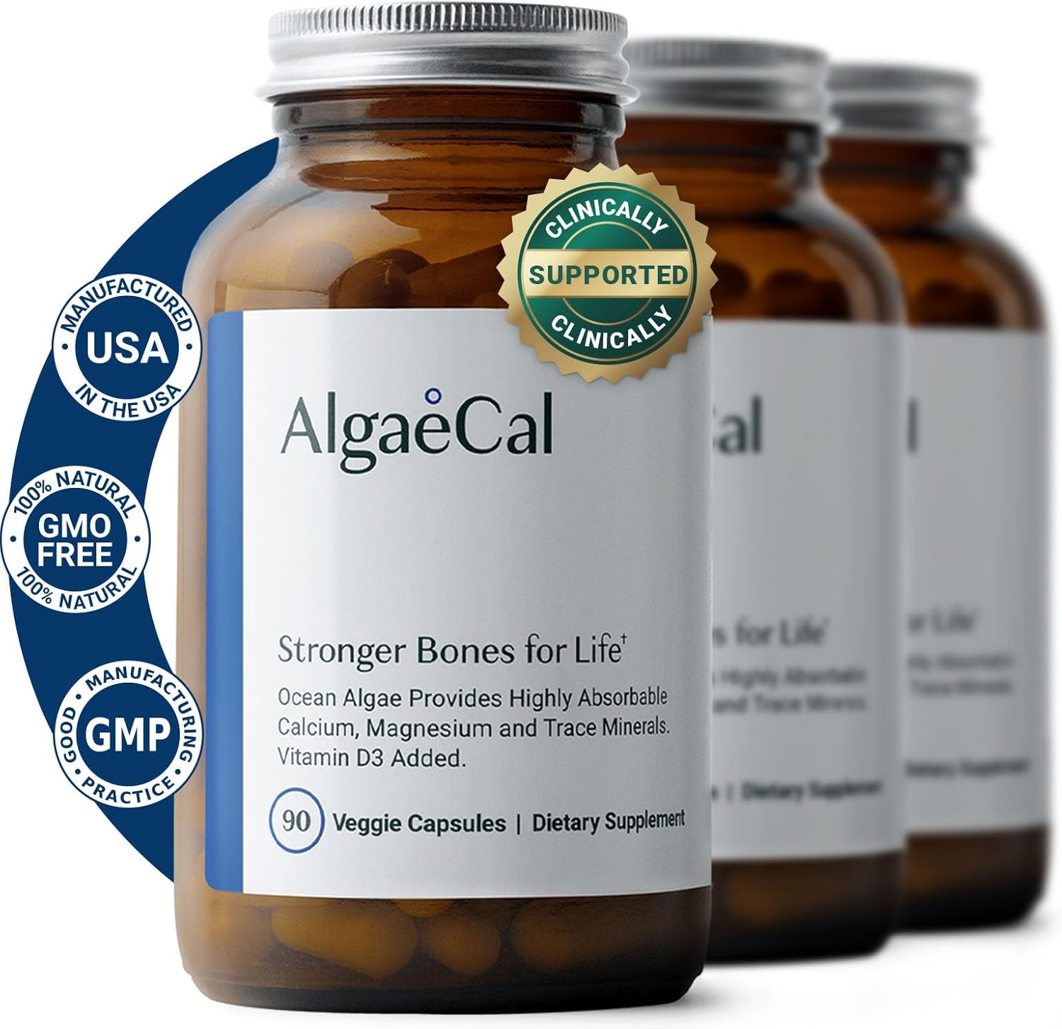 ALGAECAL - Plant Based Calcium Supplement with Vitamin D3 (1000 IU) for Bone Strength, Contains 13 Minerals Supporting Bone Health, Organic Calcium (750 mg) for Women & Men, 90 Caps, 3 Month Supply
