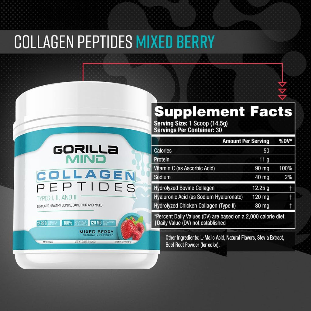 Gorilla Mind Collagen Peptides Powder - Joint & Bone Health/Great for Hair, Skin & Nails/Sleep Support/Types I, II, III/Mix in Water, Juice or a Smoothie - 426g (Mixed Berry)