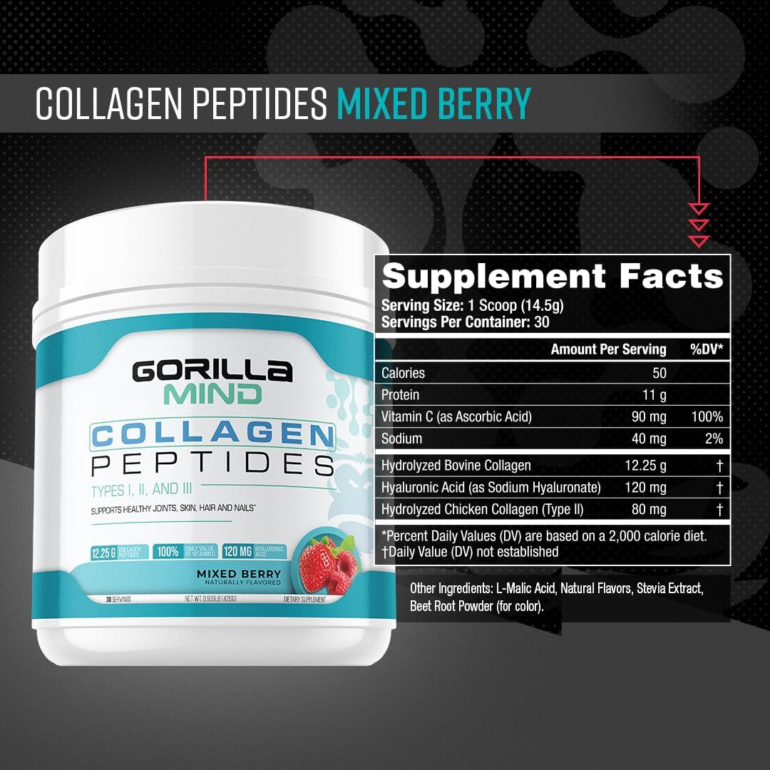 Gorilla Mind Collagen Peptides Powder - Joint & Bone Health/Great for Hair, Skin & Nails/Sleep Support/Types I, II, III/Mix in Water, Juice or a Smoothie - 426g (Mixed Berry)