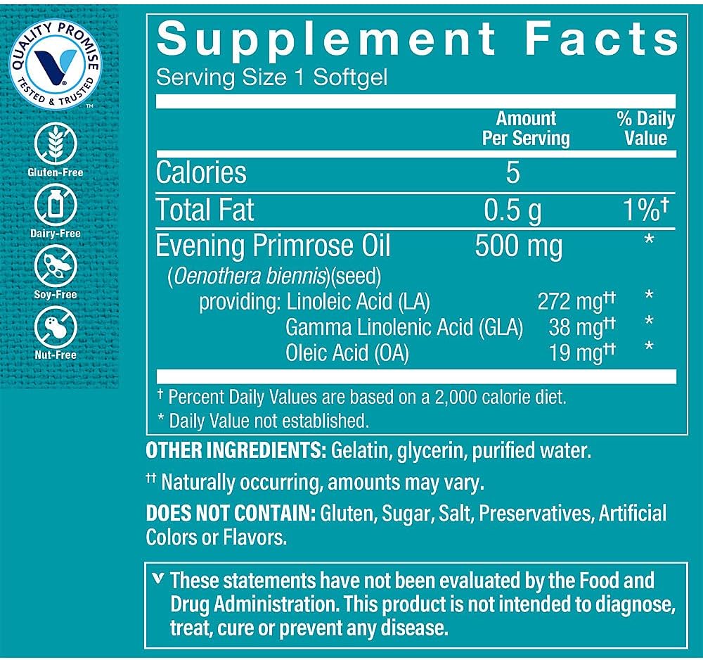 The Vitamin Shoppe Evening Primrose Oil 500MG, Natural Source of GLA (Gammia Linolenic Acid), Supplement for Women's Health & Hormonal Balance (120 Softgels)
