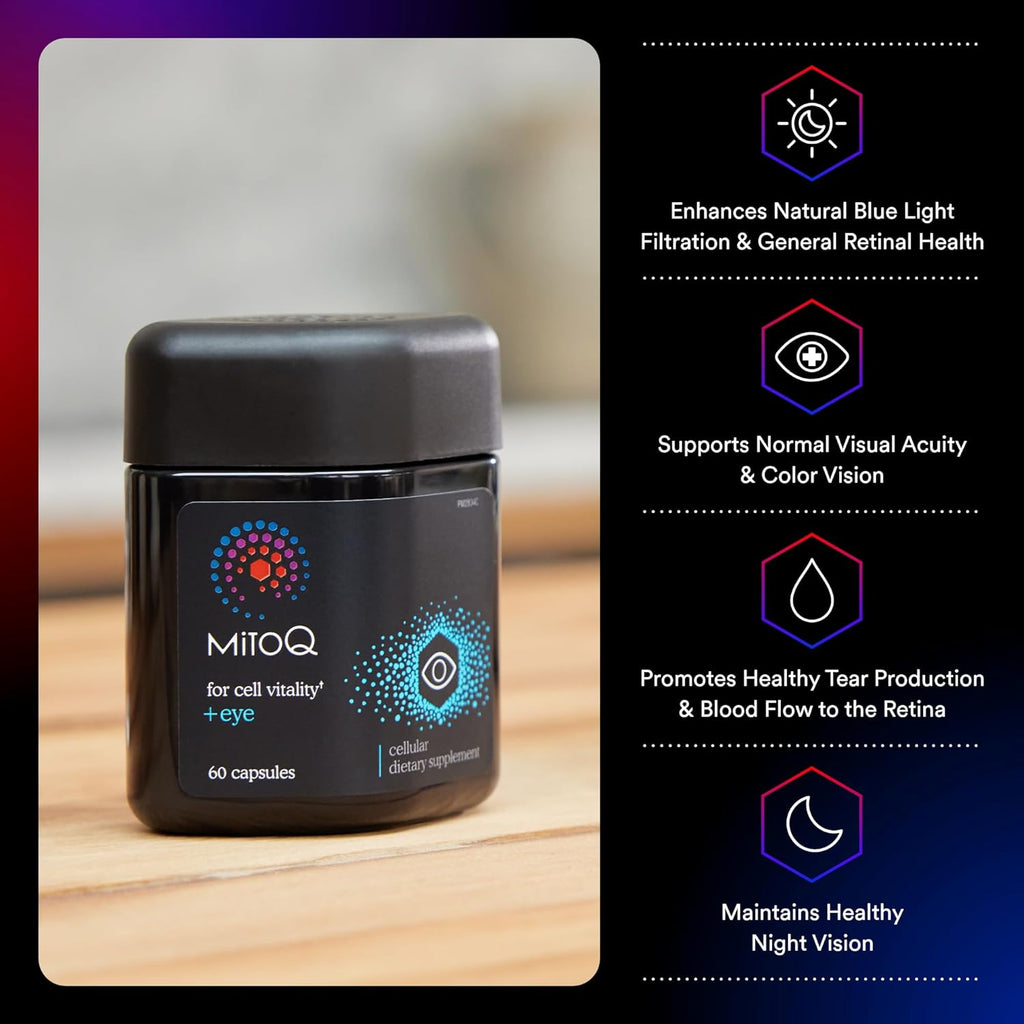 MitoQ +Eye Advanced CoQ10 Antioxidant - Contains Mitoquinol Mesylate, Lutein, Zeaxanthin, Bilberry, Maritime Pine Bark - Supports Eye Health, Blue Light Filtration & Cell Vitality (60 Capsules)