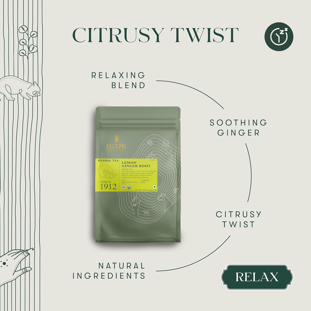 Luxmi Estates Organic Lemon Ginger Tea (50 Tea Bags), Lemon Peel, Ginger, Lemongrass and Licorice for sore throat, aids digestion, help with Nausea, and Uplifts Your Mood