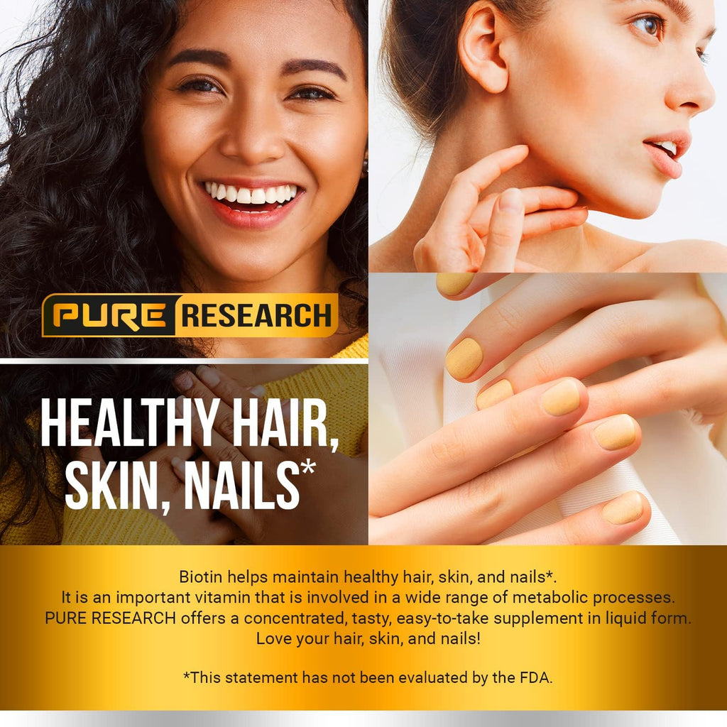 PURE RESEARCH Biotin & Collagen 60,000mcg Hair Growth Liquid Drops, Supports: Strong Nails, Glowing Skin, Healthy Hair Growth, More Absorption Than Capsules & Pills (4Fl Oz)