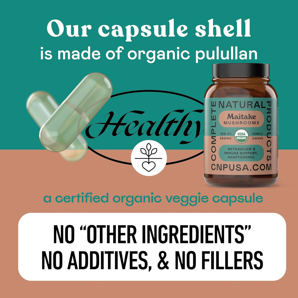 Complete Natural Products Organic Maitake Mushroom Capsules - 100ct, Immune Strength, Vegan, Non-GMO, Gluten Free