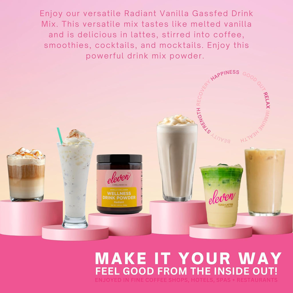 Eleven TLC, Radiant Beauty Bovine Collagen Peptides Drink Mix, Ashwagandha, Hydrolyzed Collagen, Bee Pollen, Vanilla Protein Powder, Dairy Free, Superfood Lattes, Wellness Hydration Mix, 63 Servings