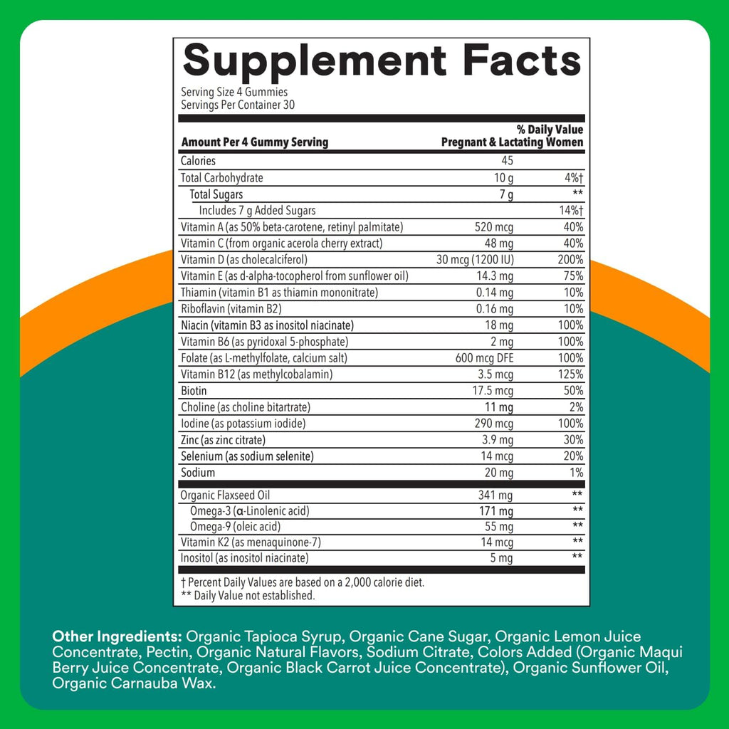 SmartyPants Organic Prenatal Vitamins for Women, Multivitamin Gummies: Biotin, Methylfolate, Omega 3 (ALA), Vitamin D3, C, Vitamin B12, B6, A, K2 & Zinc, Choline, Vegetarian, 120 Count (30 Day Supply)