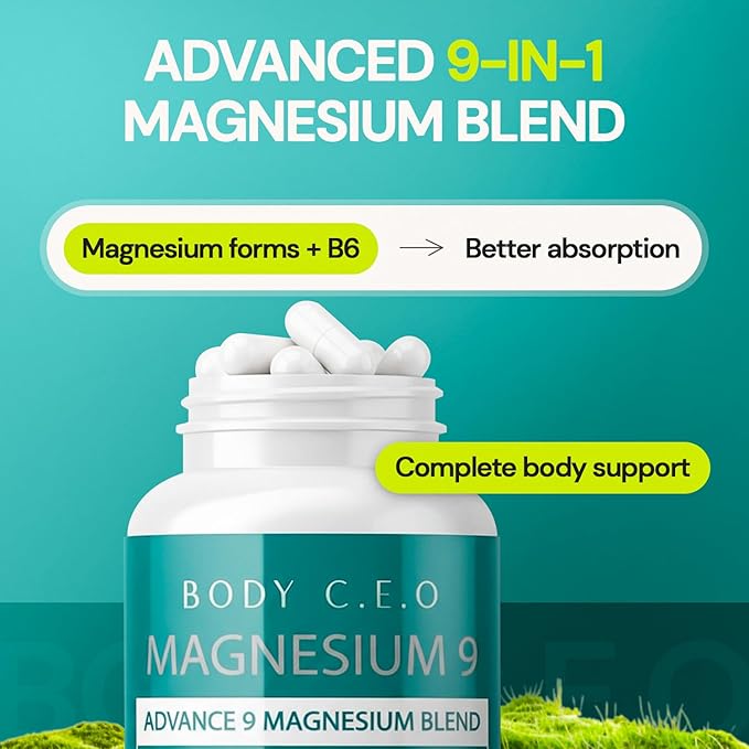Body C.E.O. Magnesium 9 - Full-Spectrum Blend with Malate, Citrate, Glycinate, Taurate, Orotate & More - Supports Healthy Sleep, Calm, Muscle Relaxation & Focus - 60 Veggie Capsules