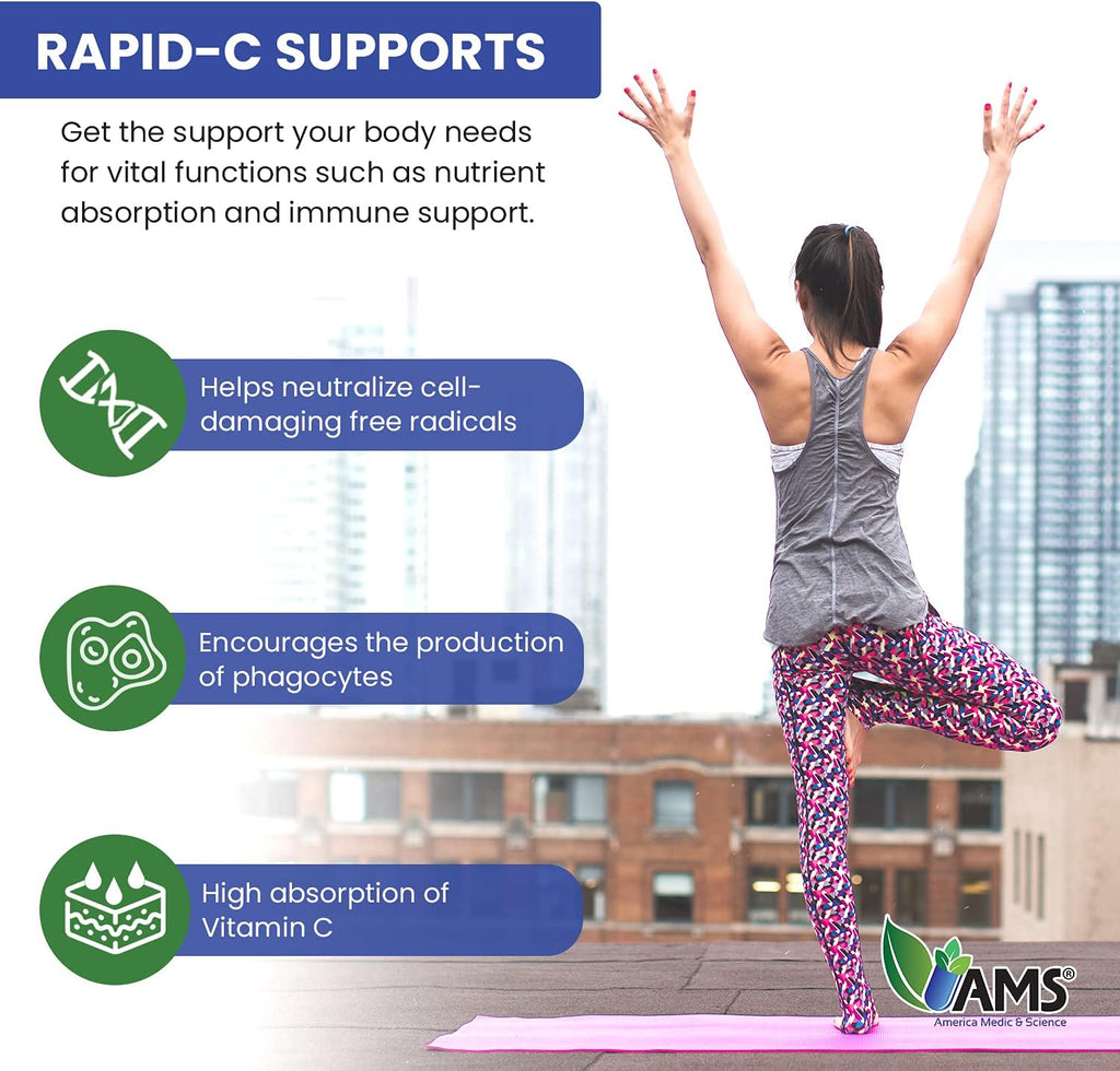America Medic & Science Rapid-C 500mg Vitamin C Supplement (1 Pack of 100 Tablets) Energy Booster, Daily Immune System Support, Antioxidant | Vegan, Non-GMO Coated Ascorbic Acid for Adult Men & Women