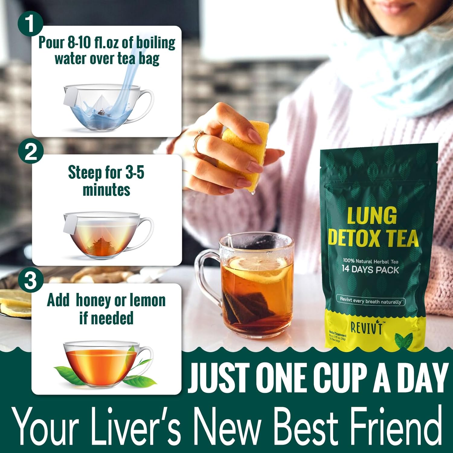 REVIVT Lung Detox Tea - Natural Lung Cleanse & Respiratory Support, Herbal Blends with Mullein Leaf, Eucalyptus, Thyme, Peppermint, Caffeine Free, 14 Day Supply