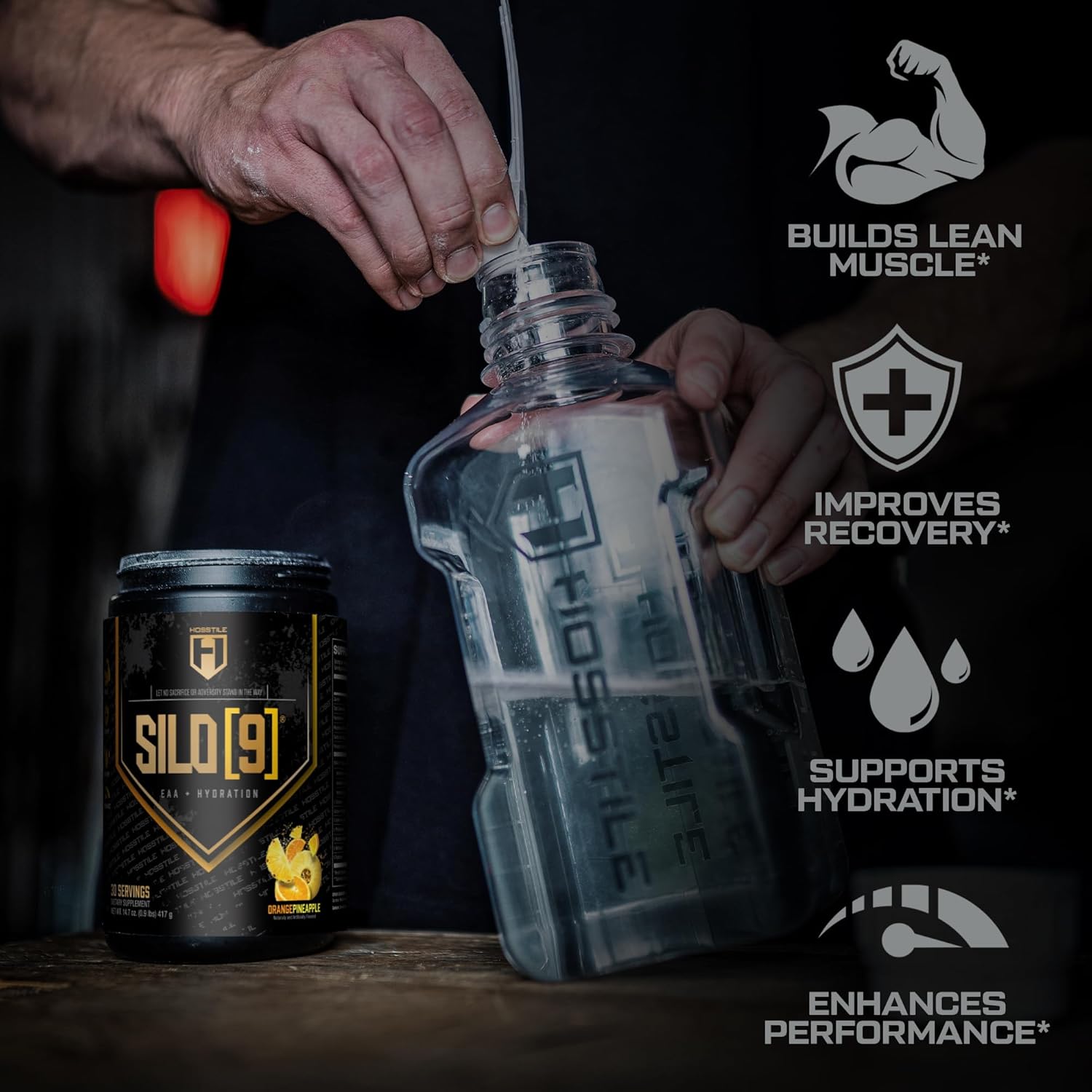 HOSSTILE SILO[9] Essential Amino Acids, EAA & BCAA Powder, Electrolyte Hydration Support, Enhance Muscle Growth & Recovery, Pre or Post Workout Drink, Orange Pineapple, 30 Servings