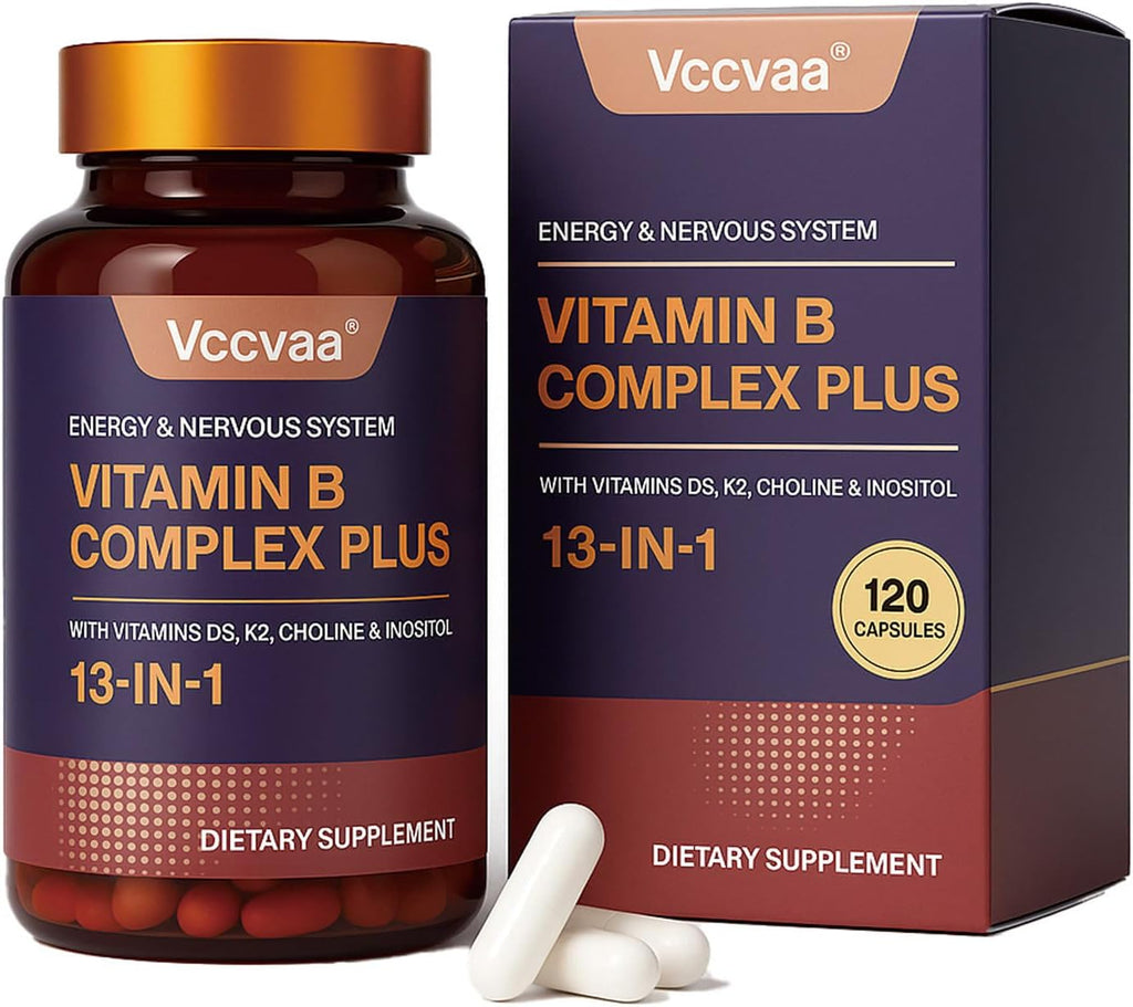 13-in-1 Vitamin B Complex Plus with Biotin, Inositol, Folate, B12, C, D3, K2 – Energy, Nerve & Immune Support for Men & Women – Vegan, Non-GMO, 120 Capsules