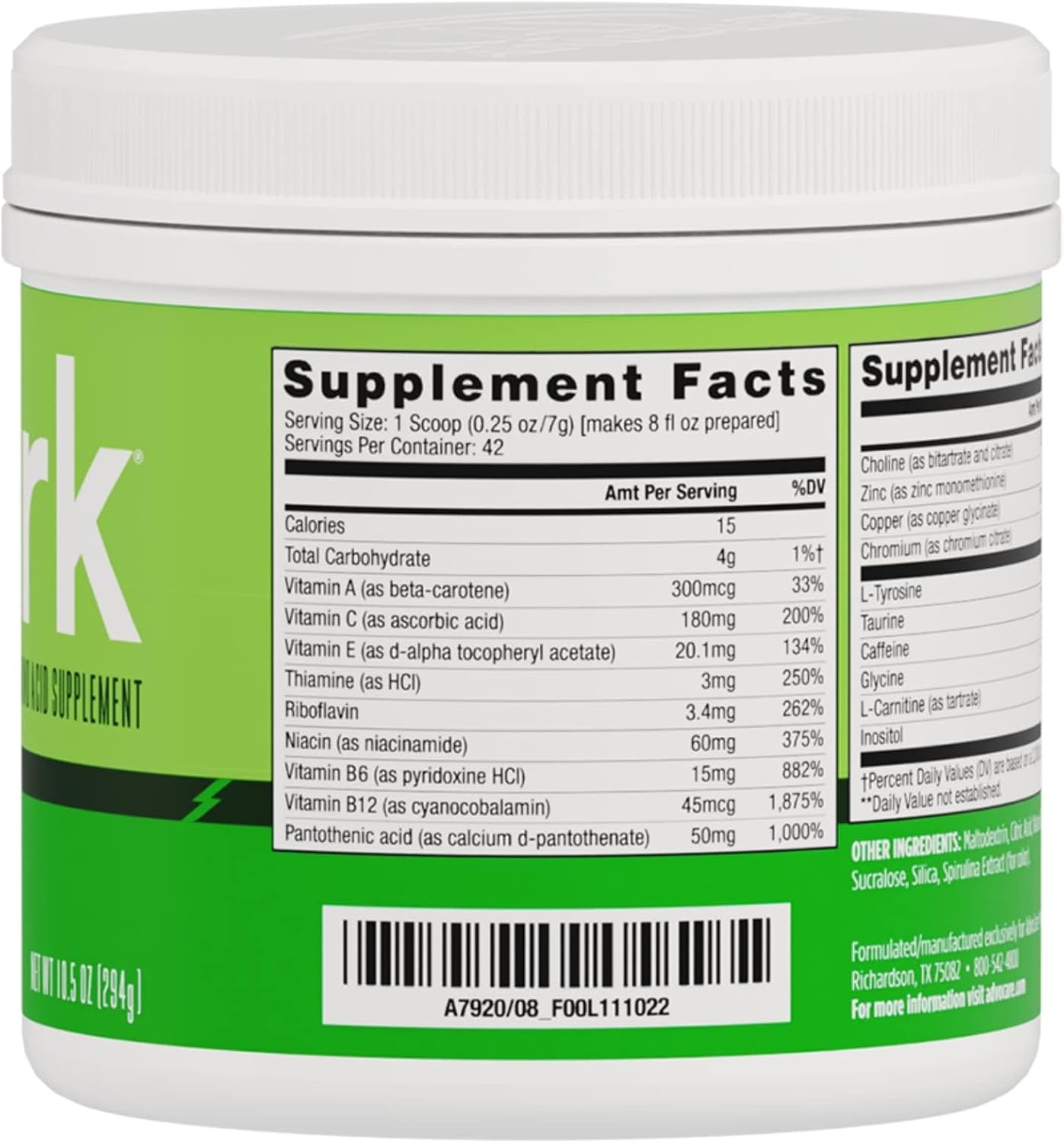 AdvoCare Spark Vitamin & Amino Acid Supplement - Focus & Energy Drink Powder Mix with Vitamin A, B-6, C & E - Also Includes L-Carnitine & L-Tyrosine - Limeade - 10.5 oz