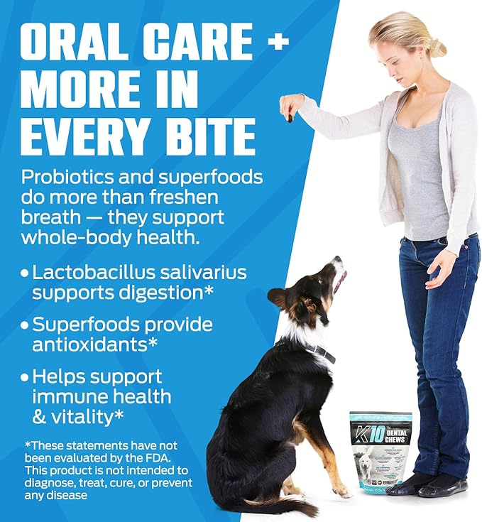 K10 Dental Chews (60 Count) – Low-Calorie Dog Chew with Human-Grade Ingredients – Dog Chews That Support Fresh Breath, Oral Hygiene, Digestion & Vitality – Vet-Preferred Dental Treats for Dogs