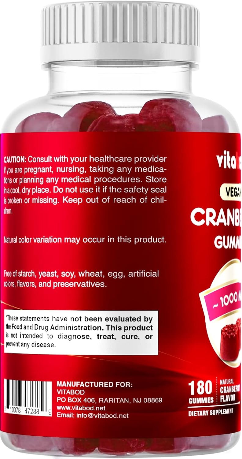 Cranberry Gummies Urinary Tract Health Supplement - 1000mg - 180 Pectin Based Gummies