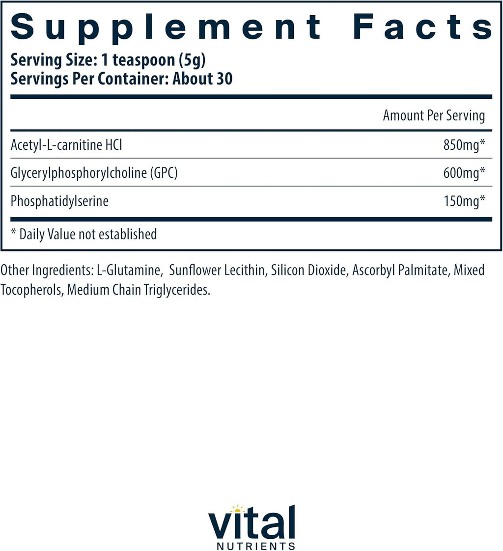 Vital Nutrients Vital Brain Powder | Phosphatidylserine, Acetyl-L-Carnitine Brain Supplement | Nootropic | Healthy Cognitive Function, Memory, Learning* | Gluten, Dairy, Soy Free | Unflavored | 150g