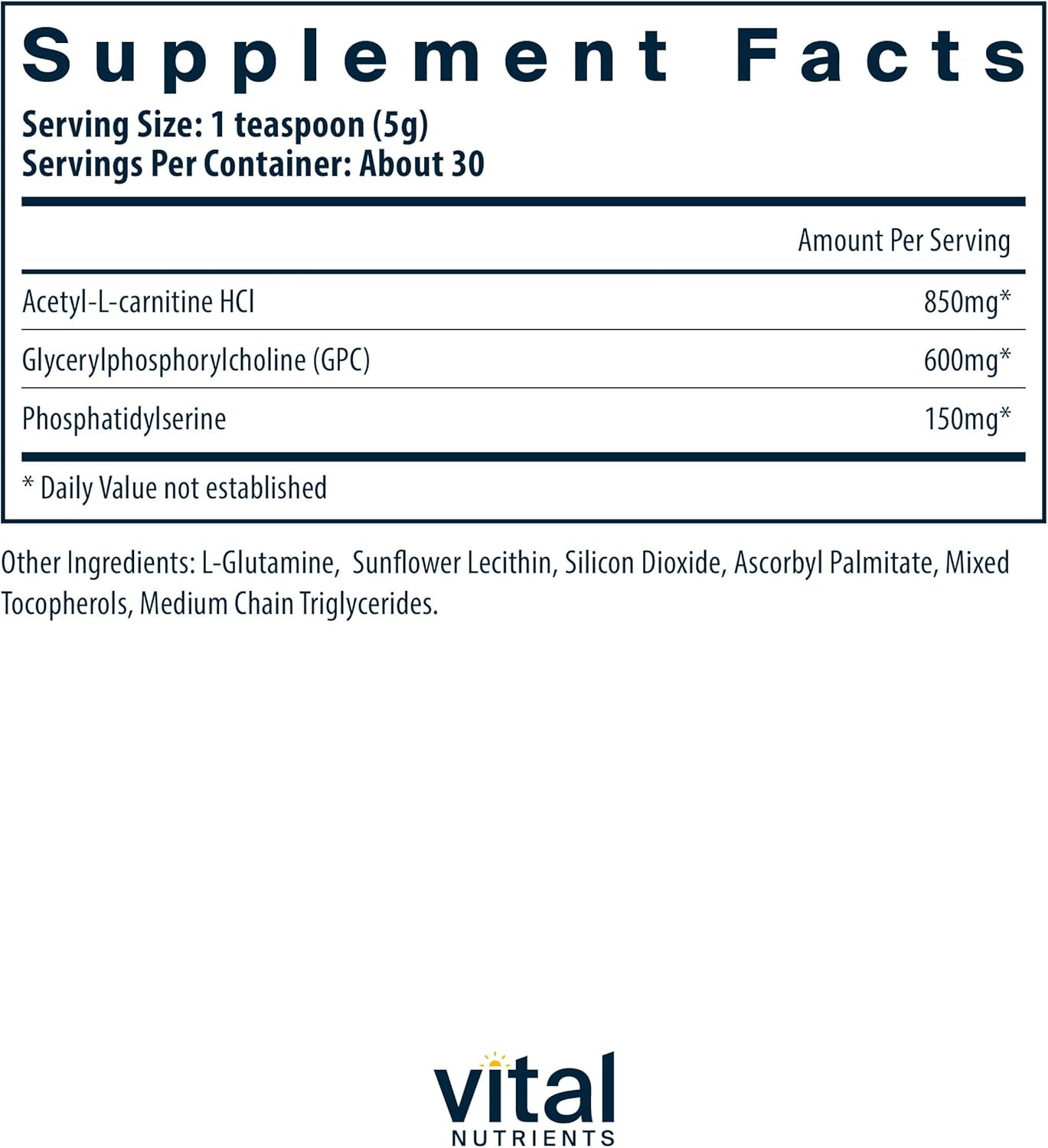 Vital Nutrients Vital Brain Powder | Phosphatidylserine, Acetyl-L-Carnitine Brain Supplement | Nootropic | Healthy Cognitive Function, Memory, Learning* | Gluten, Dairy, Soy Free | Unflavored | 150g